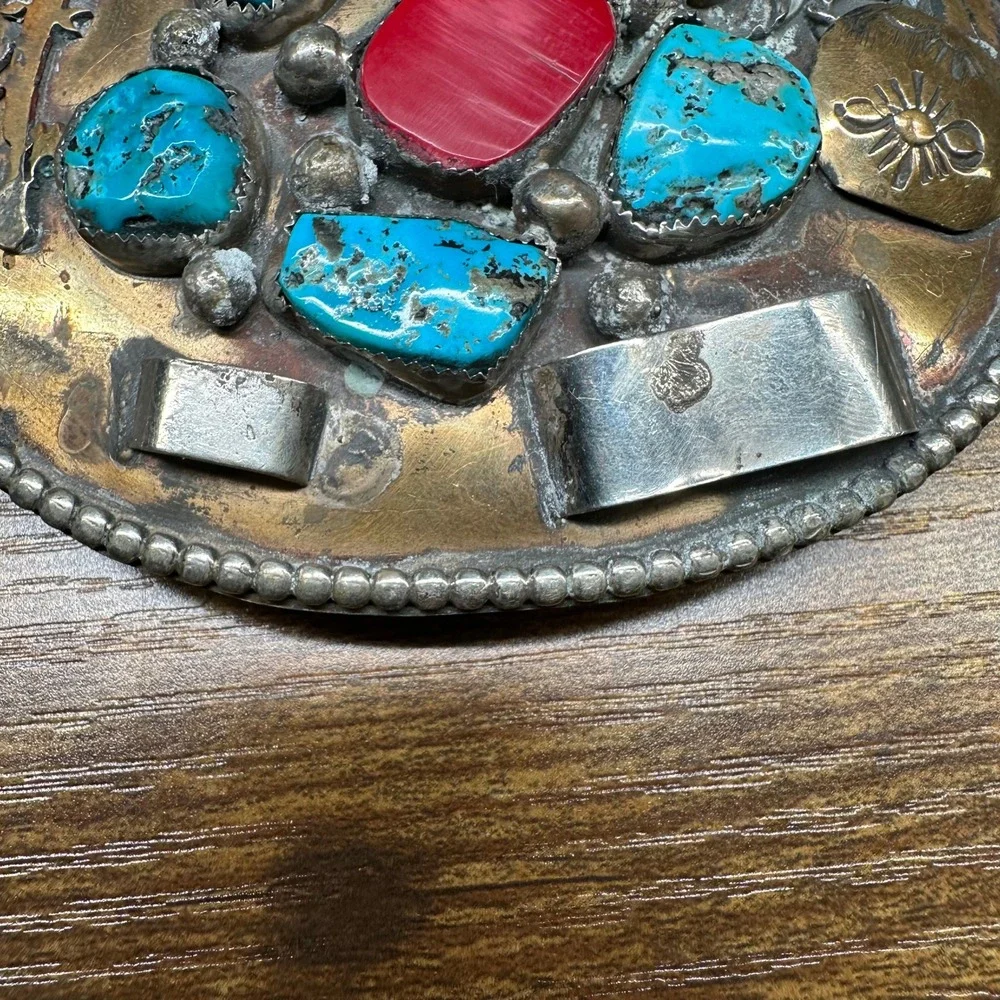Vintage OE Native American Style Turquoise Red Coral Mixed Metal Belt Buckle